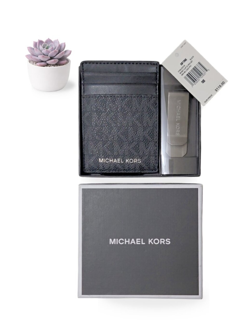 NWT Michael Kors Money Clip Card Case Box Set Black Signature Logo 37H9LGFD1B